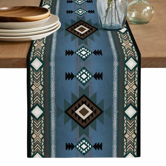 Blue Southwest Table Runner, Farmhouse Boho Aztec Abstract Geometric Washable Cotton Linen Table Runners 120 Inches Long, Dresser Scarf Runner for Dining/Living Room/Kitchen/Square Tables 13''x120''