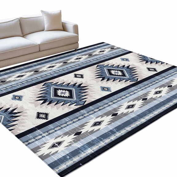 Blue Southwestern Area Rug, Native Aztec Ethnic Style Geometric Non-Slip Felt Rubber Backing Rectangle Indoor Carpet Washable Rugs for Living Room Bedroom 9x12
