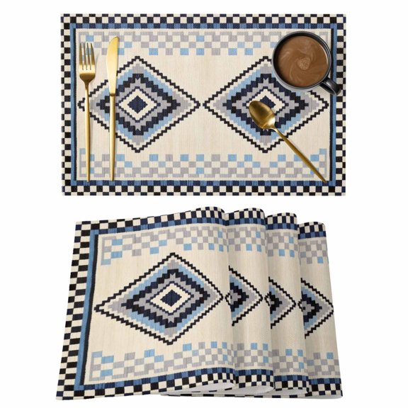 Blue Southwestern Aztec Ethnic Placemats Set of 6,Wipeable Washable Table Mats for Dining Tables, Retro Boho Geometric Place Mats for Kitchen Event Party Tabletop Decor