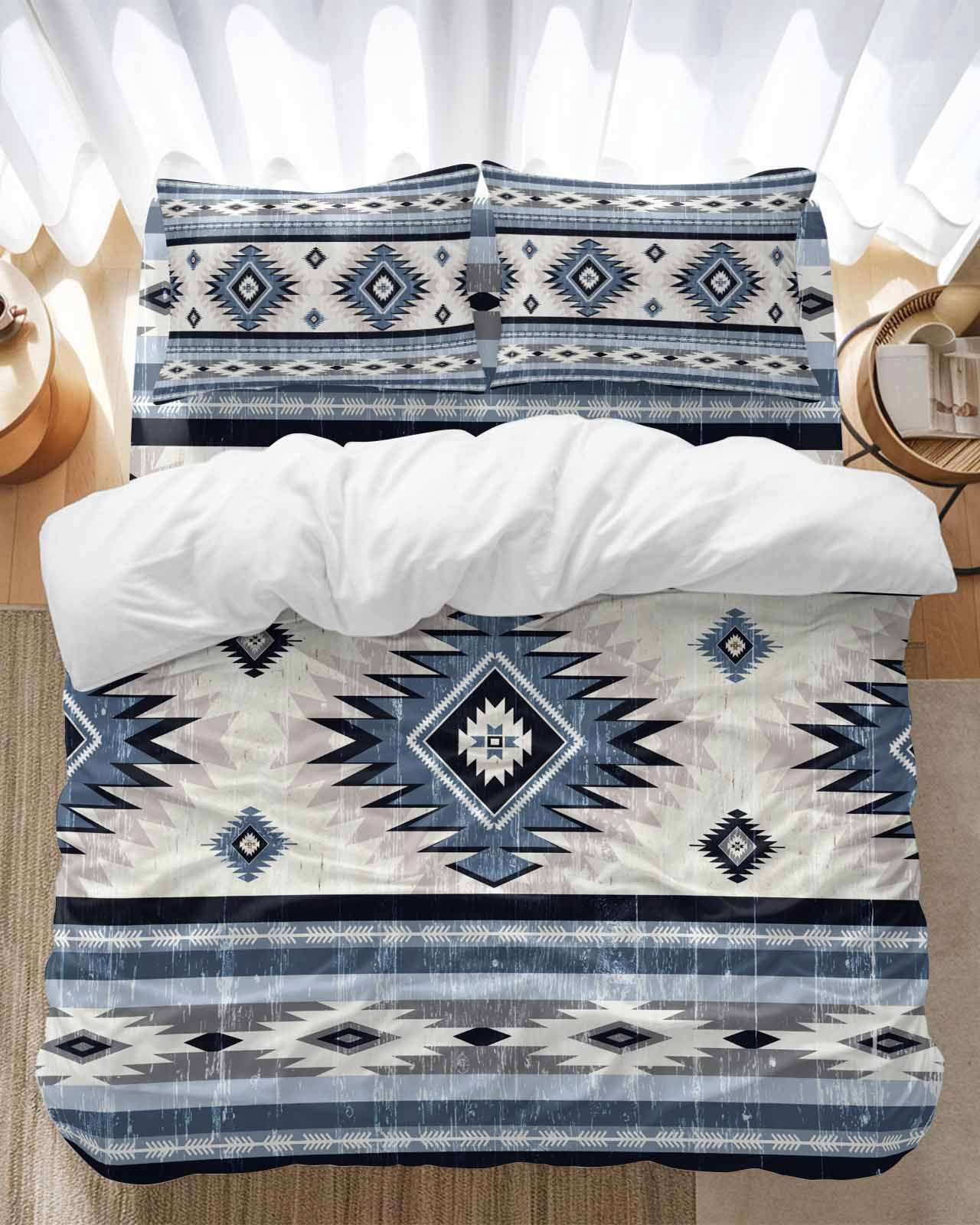 Blue Southwestern Bedding Duvet Cover Set King Size 4 Pieces Native Aztec Ethnic Style Geometric Bedding Set with Zipper Closure, 1 Comforter Cover 92x106 Inches 1 Flat Sheet & 2 Pillow Cases