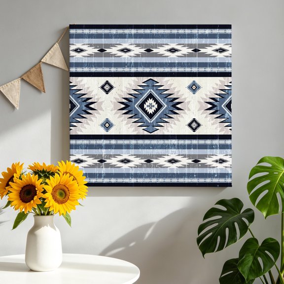 Blue Southwestern Canvas Wall Art, Native Aztec Ethnic Style Geometric Framed Canvas Wall Decor Picture Print Artwork Decorations for Living Room Office Ready to Hang 12" x 12"