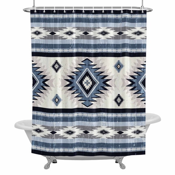 Blue Southwestern Fabric Shower Curtain, Native Aztec Ethnic Style Geometric Bathroom Curtain with 12 Hooks Waterproof Machine Cloth Shower Curtain for Bathroom, Bathtub, Spa Room, 36x72 Inch
