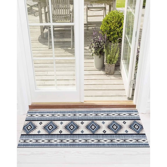 Blue Southwestern Front Door Mat Native Aztec Ethnic Style Geometric Welcome Doormat Indoor Outdoor Entrance Floor Mat Non-Slip Washable Runner Rug for Front Porch Decor 18x60 Inch