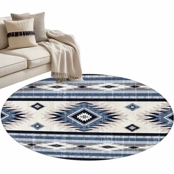 Blue Southwestern Round Area&nbsp;Rug 3ft Native Aztec Ethnic Style Geometric Non-Slip&nbsp;Washable Circle Rugs Soft Felt Indoor Floor Mat for Bedroom Kitchen Living Room Bathroom
