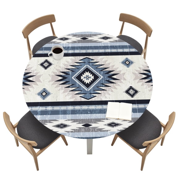 Blue Southwestern Round Fitted Tablecloth Native Aztec Ethnic Style Geometric Elastic Table Cloth Waterproof Oil Proof Table Cover Fits 36"-44" Round Tables for Party Picnic Dinner Decor