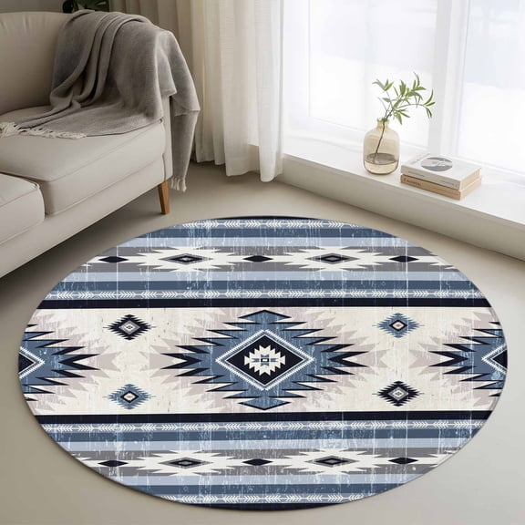 Blue Southwestern Round Rugs for Living Room 3ft Native Aztec Ethnic Style Geometric Non Slip Circle Rug Washable Low-Profile Indoor Carpet for Bedroom, Dining Room, Bathroom