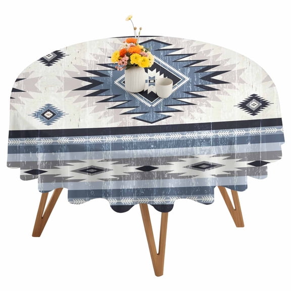 Blue Southwestern Round Tablecloth 54 inches Native Aztec Ethnic Style Geometric Waterproof Oil-Proof Table Cloth Round Table Cover for Holiday Party Picnic Dinner Decor Indoor and Outdoor Use