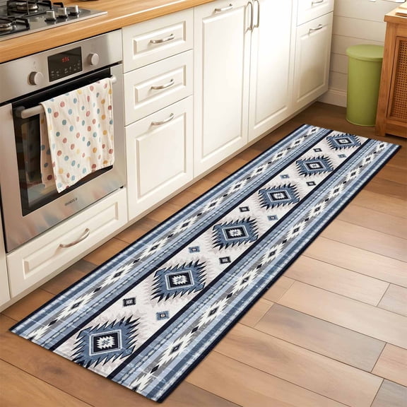 Blue Southwestern Runner Rug for Hallway 2x6ft, Native Aztec Ethnic Style Geometric Non Slip Floor Mat Washable Low-Profile Indoor Carpet for Living Room, Bedroom, Dining Room