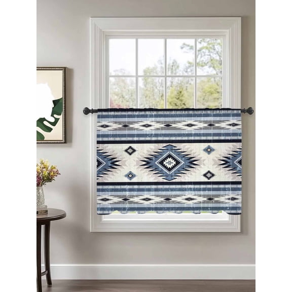 Blue Southwestern Sheer Curtains 54 Inch Long 1 Panel Native Aztec Ethnic Style Geometric Rod Pocket Voile Cafe Curtains Light Filtering Small Window Treatments for Kitchen Basement 52" x 54"