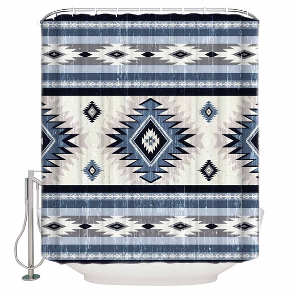 Blue Southwestern Shower Curtain, 36" x 72", Native Aztec Ethnic Style Geometric Waterproof Bathroom Curtain Washable Shower Curtain Set with 12 Hooks