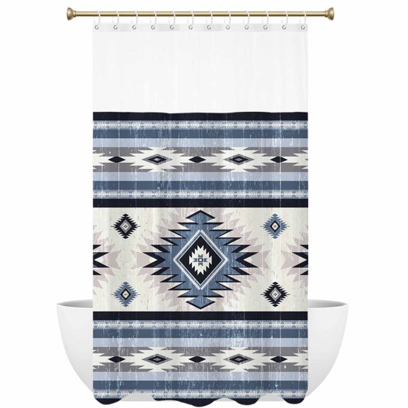 Blue Southwestern Shower Curtain with See Through Top Window Native Aztec Ethnic Style Geometric Waterproof Fabric Shower Curtains for Bathroom with 12 Hooks Hotel & Spa Decor 36x72 inches