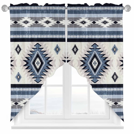 Blue Southwestern Swag Valances for Windows 2 Pack Native Aztec Ethnic Style Geometric Swag Kitchen Curtains 36 Inches Long Rod Pocket Short Window Treatment for Kitchen Bathroom 28"x36"