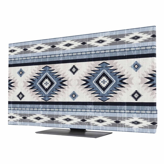 Blue Southwestern TV Dust Cover 24 Inch, Native Aztec Ethnic Style Geometric Computer Monitor Cover Dustproof Stretchable Indoor TV Screen Protector for LED LCD Universal Monitors