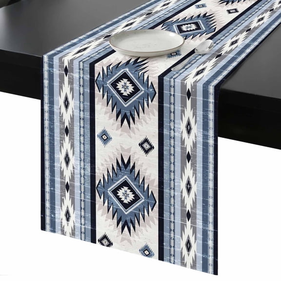 Blue Southwestern Table Runner 13x36 Inch Native Aztec Ethnic Style Geometric Table Runner Non-Slip Dresser Scarves for Holiday Decorations, Party, Dinner and Gatherings, 1 Pack