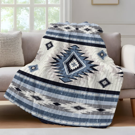 Blue Southwestern Throw Blanket for Couch Native Aztec Ethnic Style Geometric Soft and Warm Flannel 3D Striped Fluffy Fuzzy Fleece Blanket Lightweight Throw for Bed, Sofa 30 x 40 Inches