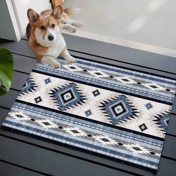 Blue Southwestern Washable Area Rug 2x3 Native Aztec Ethnic Style Geometric Low-Profile Area Rugs with Non Slip Backing Indoor Floor Carpet for Entrance Living Room Bedroom Home Office