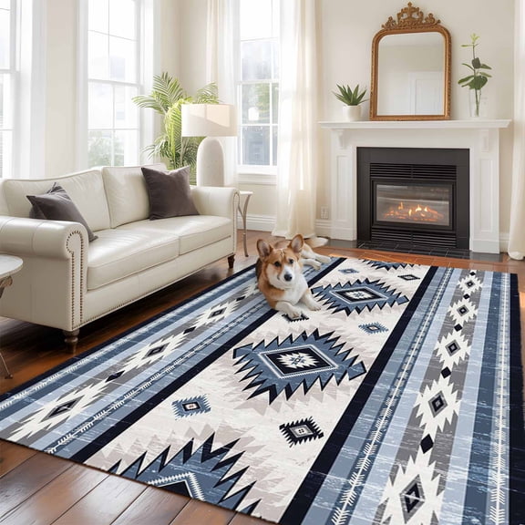 Blue Southwestern Washable Area Rug 5x7 Native Aztec Ethnic Style Geometric Low-Profile Large Area Rugs with Non Slip Backing Indoor Floor Carpet for Entrance Living Room Bedroom Home Office