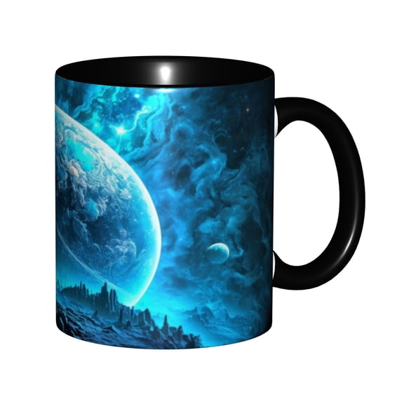 Blue Space Galaxy 11oz Ceramic Coffee Mug, Two-Tone Black Planet Nebula Cup Cosmic Gift for Space Lovers