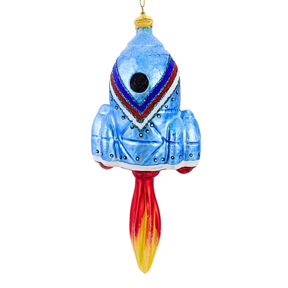 Blue Space Ship With Flame - 1 Glass Ornament 8.5 Inch, Glass - Ornament Space Nasa Astronaut 19003 MOR