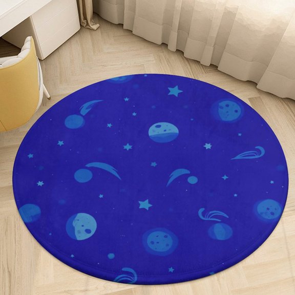 Blue Space with Stars And Planets Round Area Rugs for Bedroom Living Room, 5FT Soft Indoor Circle Carpets, Carpet Home Decor Floor Mat