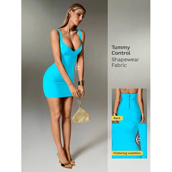 Blue Spaghetti Strap Bodycon Mini Dress With Tummy Control Shapewear Fabric