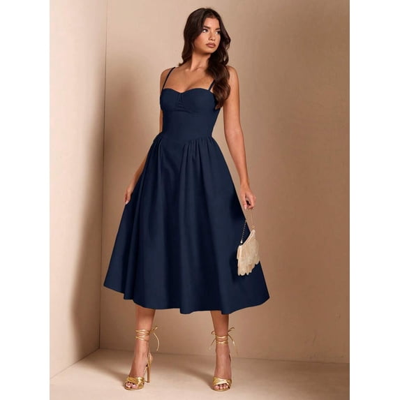 Blue Spaghetti Strap Sweetheart Neck Fit & Flare Midi Dress