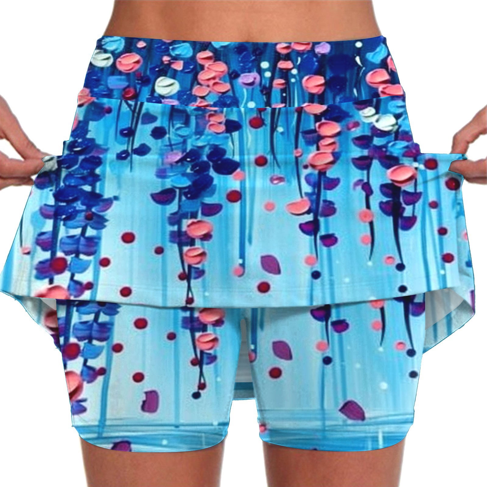 Blue Spandex Activewear Floral Printed Weekend Banded Waist Skirt
