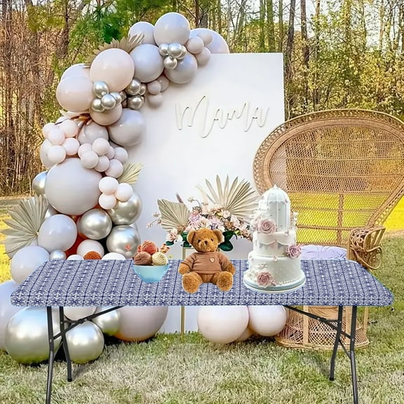 Blue Spandex Picnic Table Cloth, Elastic Fitted Tablecloths for 6 Foot Rectangle Tables, Stretch Washable Patio Table Cover for Outdoor, Camping, Banquet and Parties