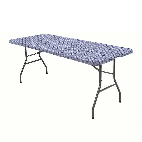 Blue Spandex Picnic Table Cloth, Elastic Fitted Tablecloths for 6 Foot Rectangle Tables, Stretch Washable Patio Table Cover for Outdoor, Camping, Banquet and Parties