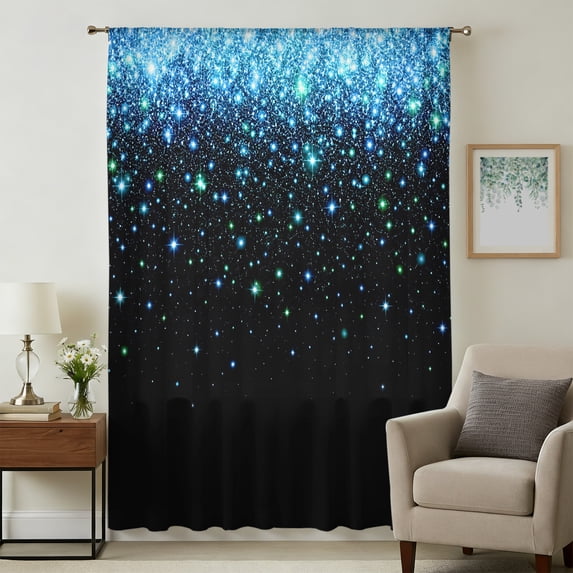 Blue Sparkles Sheer Curtains 63 Inches Long, Black Gradient Glitter Modern Simple Light Filering Curtains, Breathable Simi Curtain Privacy Drapes for Living Room Bedroom Lightweight Window Treatment