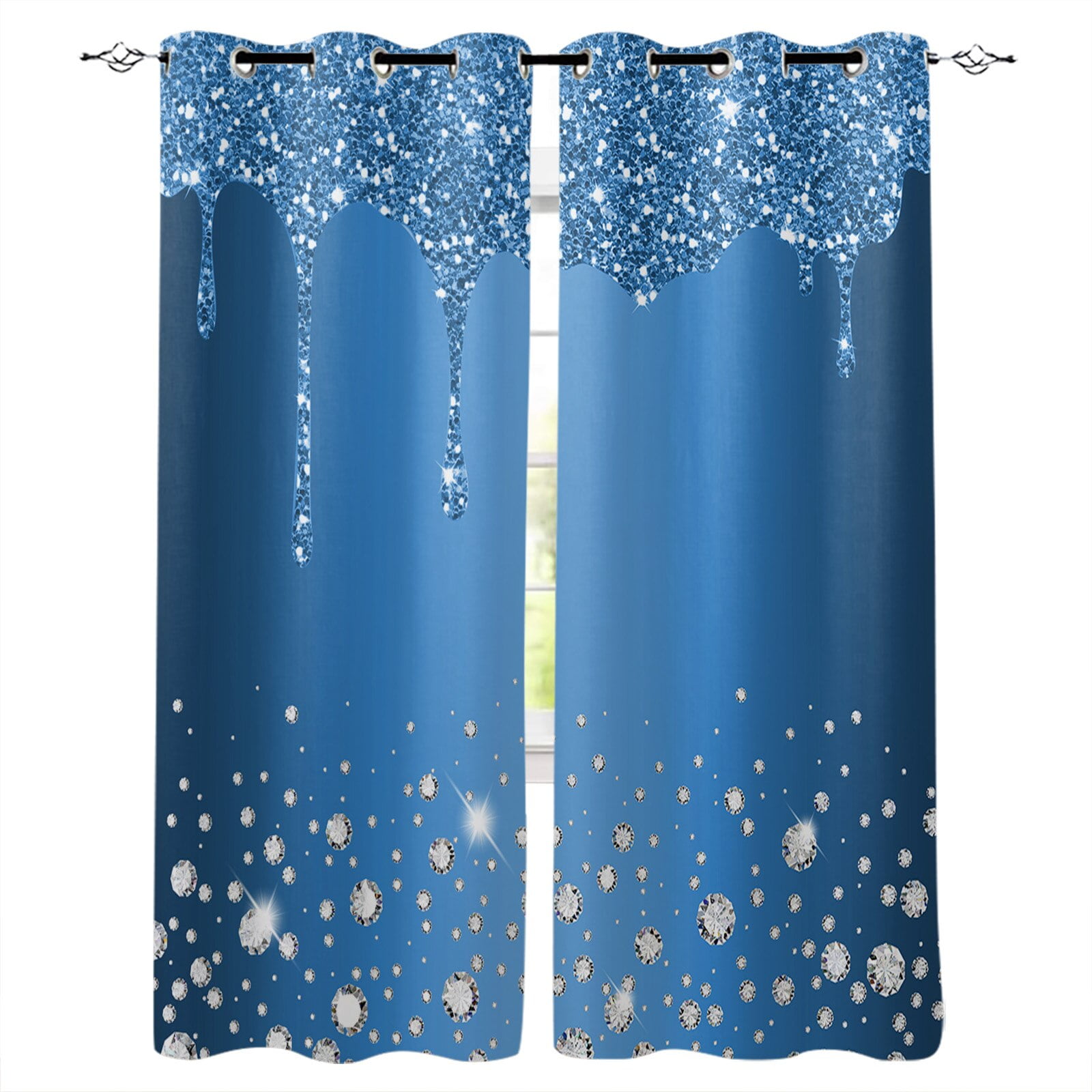 Blue Sparkling Diamond Droplet Texture Curtains for Living Room Kids