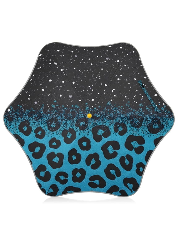 Blue Sparkly Glitter Leopard Kids Umbrella Rain Umbrella Clear Grip Handle Folding Umbrellas UV50+ 35in