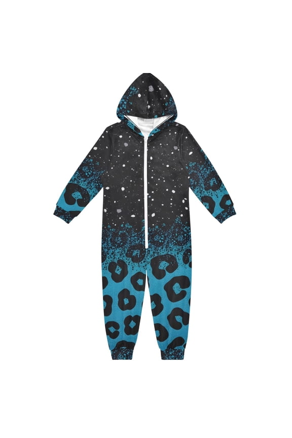 Blue Sparkly Glitter Leopard One Piece Pajamas Soft Jumpsuit Cozy Sleep and Play Romper Zipper and Pockets 9-11Y