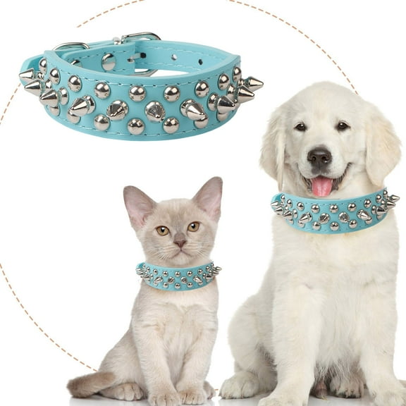 Blue Spiked Dog Collar, Adjustable Anti-Bite Studded Neck Strap 1 Pack, Metal Buckle Pet Collar for Medium Dogs, Cool Punk Style Walking Gear Size L
