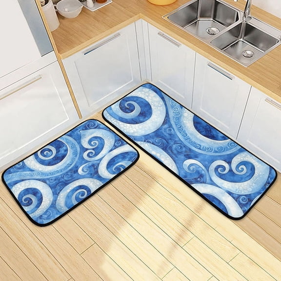 Blue Spiral Art Kitchen Mat Set of 2 Cushioned Non Slip Rugs for Bedroom Floor Runner Mats
