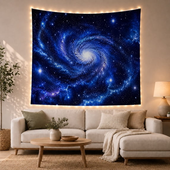 Blue Spiral Galaxy in a Luminous Star Field, Dramatic Celestial for Space Lovers, Cosmic Wall Art, Housewarming Gift, Tapestry Wall Hanging for Bedroom and Living Room