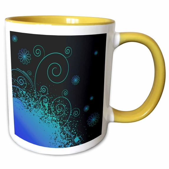 3drose, Blue Splatter with Flourishes and Flowers, 11oz Two-tone Yellow Mug