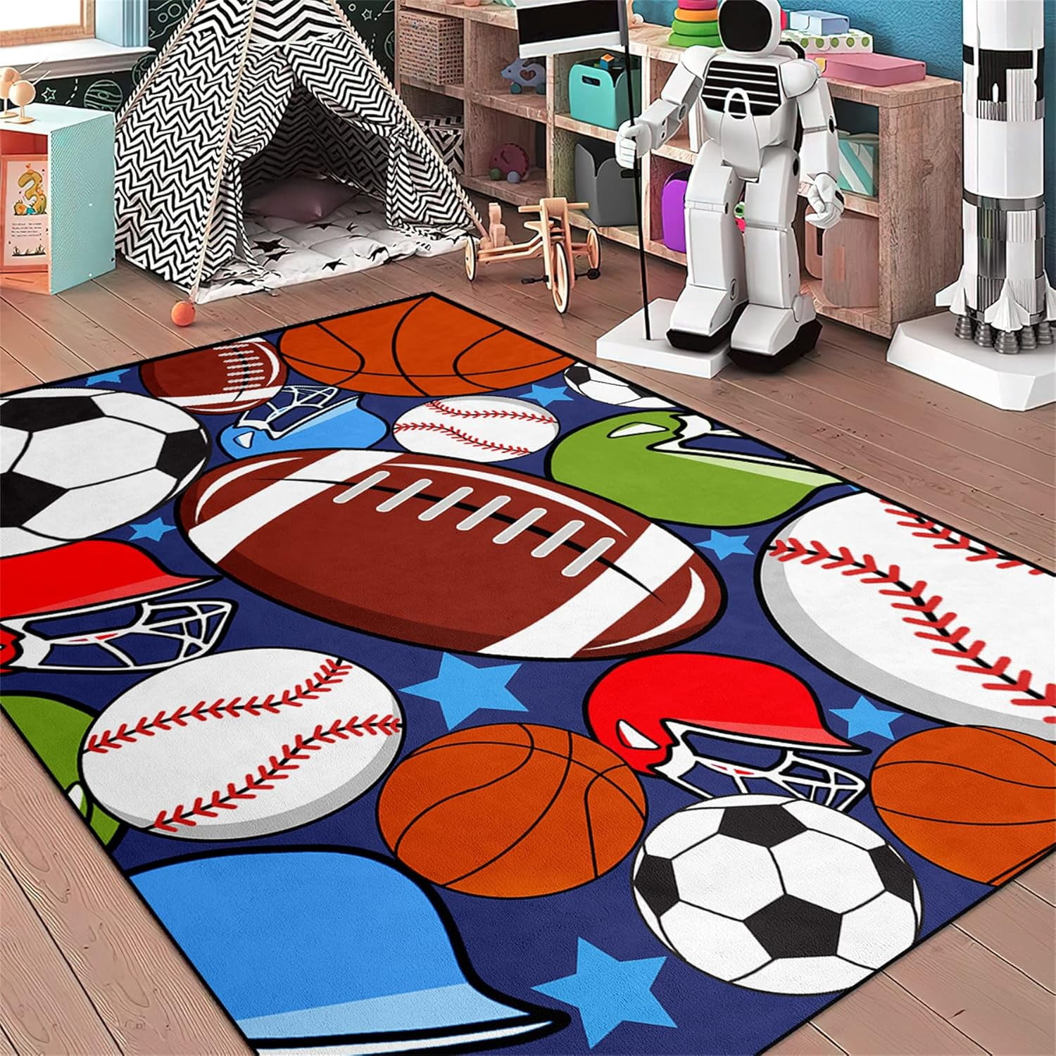 Blue Sport Rugs Boys Rugs for Bedroom Kids Rug Balls with Soccer Ball, Basketball, Football ...