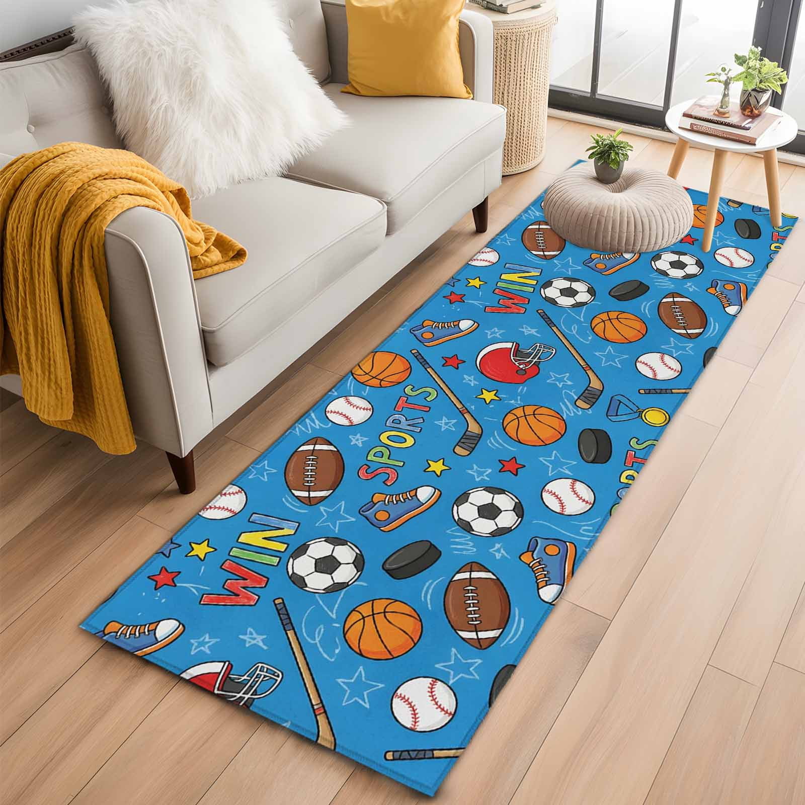 Blue Sports 2'x6' Runner Rugs for Hallway Kitchen Bedside Non Slip Washable, Football Basketball Rugby Baseball Entryway Rug Runners with Rubber Backing, Long Carpet Runner for Laundry Room