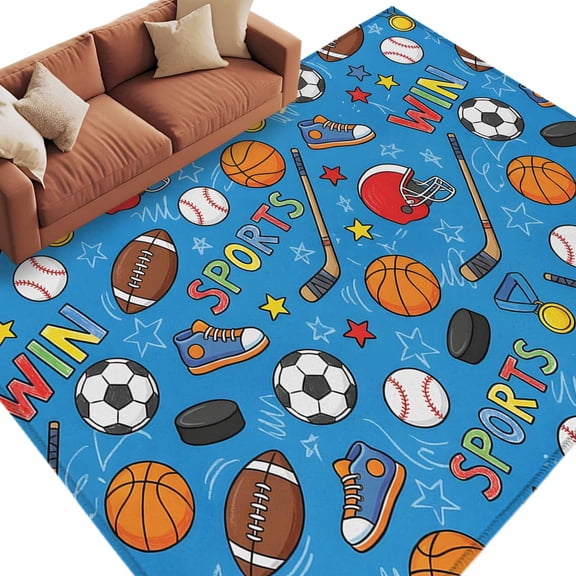 Blue Sports Area Rug 5x7 Washable Rug Non Slip Football Basketball Rugby Baseball Large Area Rug Soft Stainresistant Indoor Floor Carpet for Living Room Bedroom Home Office Dining Room Nursery