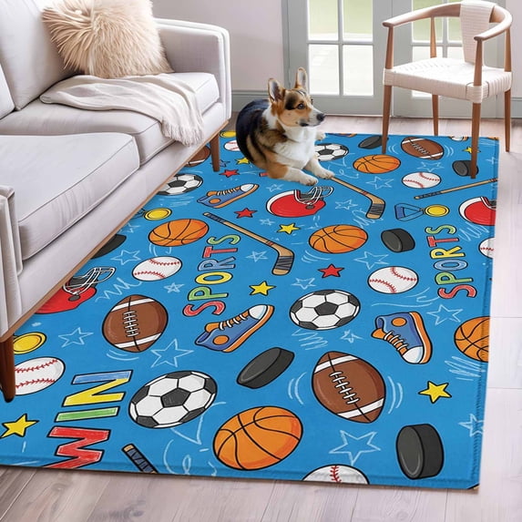 Blue Sports Area Rugs 2.7'x5', Washable Small Throw Rugs for Kitchen Bedroom, Football Basketball Rugby Baseball Indoor Outdoor Rug Non-Slip Low Pile Carpet Runner Reversible Floor Mats