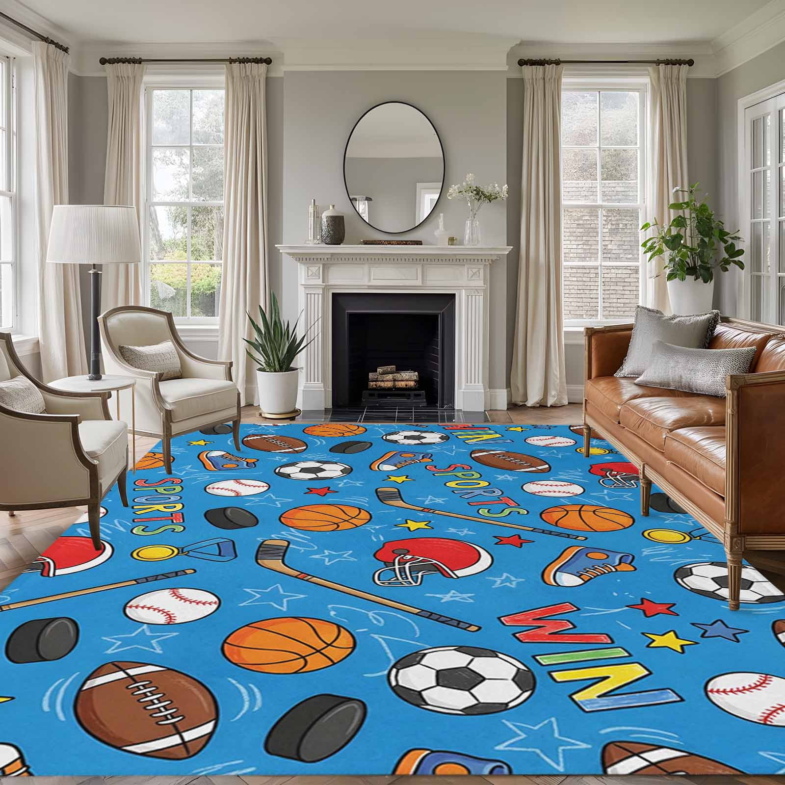 Softball Rug Blue Sports Area Rugs 5'x7', Washable Small Throw Rugs for Laundry Room ...