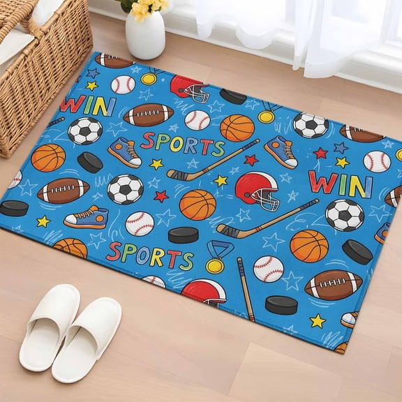 Blue Sports Entryway Rug 2'x3' Non Slip Front Door Mats, Football Basketball Rugby Baseball Entrance Rugs Indoor Outdoor Carpet, Washable Floor Mats Small Area Rug for Bedroom Kitchen