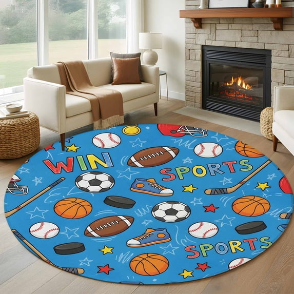 Blue Sports Round Area Rug 8Ft Washable Large Circle Rugs for Living Room Dorm, Football Basketball Rugby Baseball Non-Slip Carpet Floor Mats Indoor Outdoor Carpet Runner Aesthetic Home Decor
