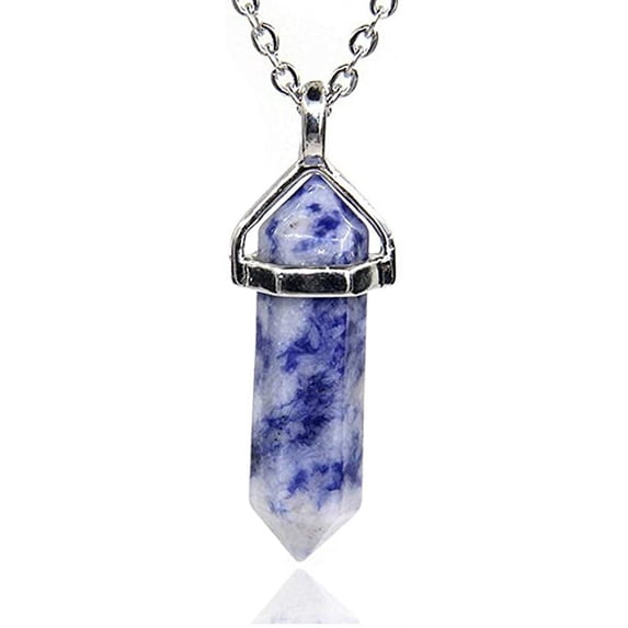 Blue Spot Jasper Gemstone Hexagonal Pointed Reiki Chakra Pendant Necklace 20"