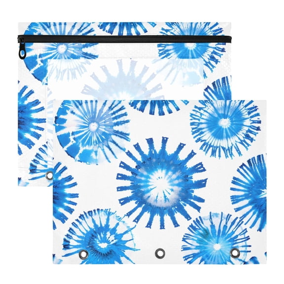 Blue Spot Tie Dye 3-Ring Binder Pouches A4 Size Zipper Pocket File Storage 2 Packs