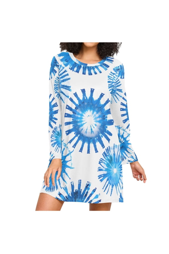 Blue Spot Tie Dye Women's Long Sleeves Nightgowns Sleepwear Soft Pajama A-line Sleep Dress XXXL