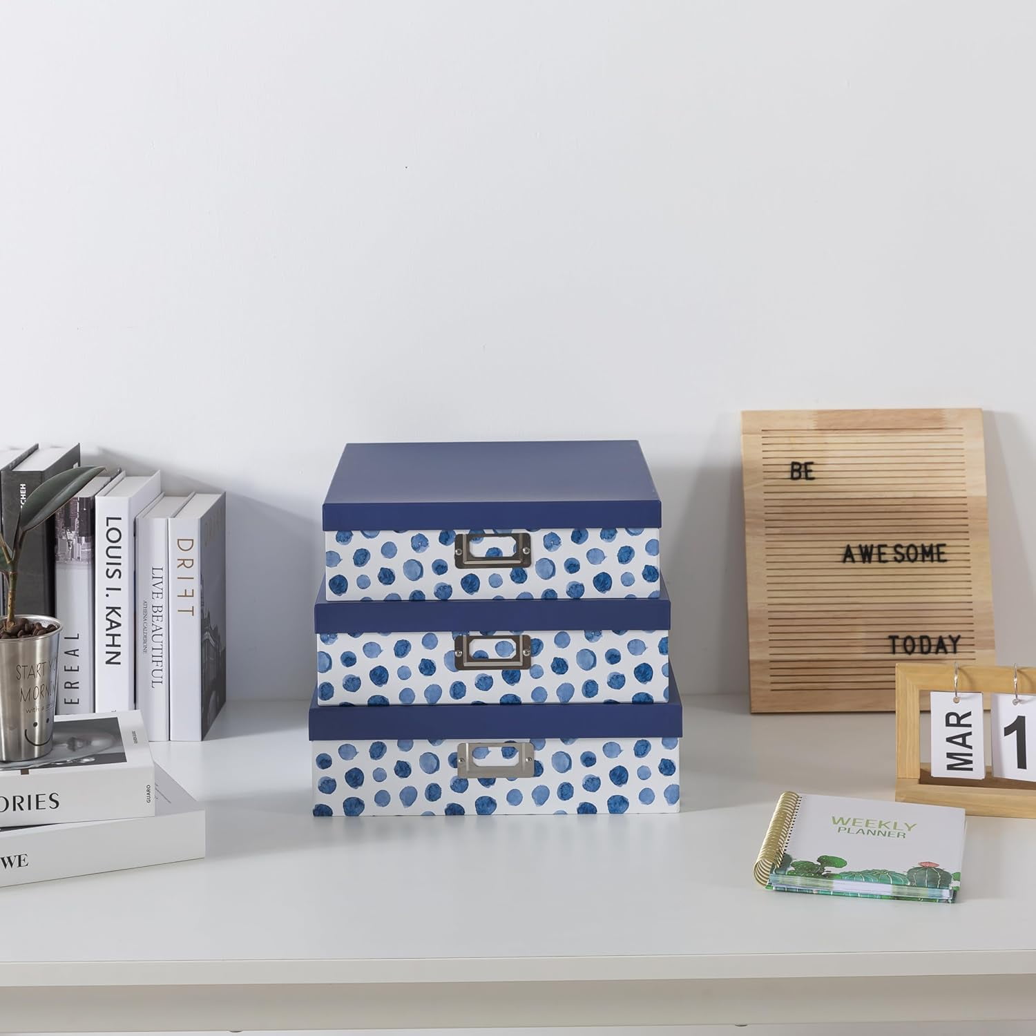 Blue Spots Decorative Storage Boxes with Lids, Set of 3 Memory Boxes for Keepsakes, Nesting Letter Cardboard Document Storage for Organizing, Photos, Scrapbook