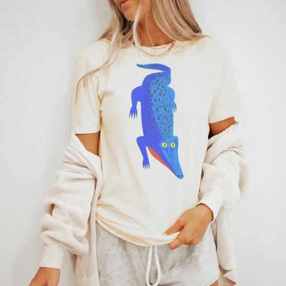 Blue Spotted Crocodile Graphic Tee Wild Animal Art Design Size S-5Xl Heygategoo Tee
