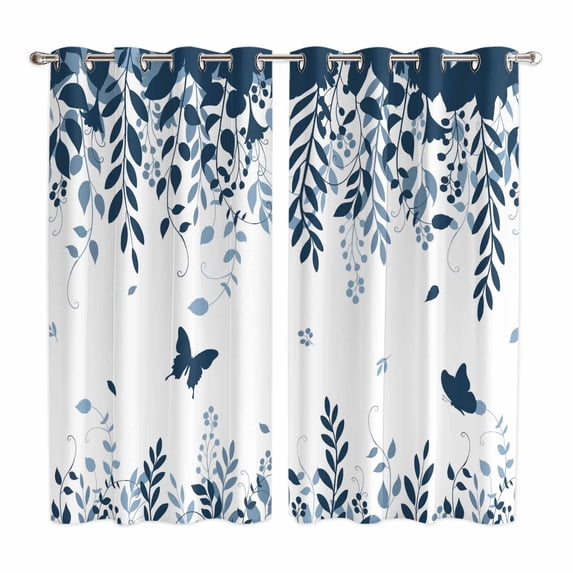 Blue Spring Botanical Kitchen Curtains Window Panels, Weeping Eucalyptus Butterfly Insulated Window Treatment Curtain, Grommet Curtains for Bedroom/Living Room/Bathroom, 2 Piece 52"Wx84"L